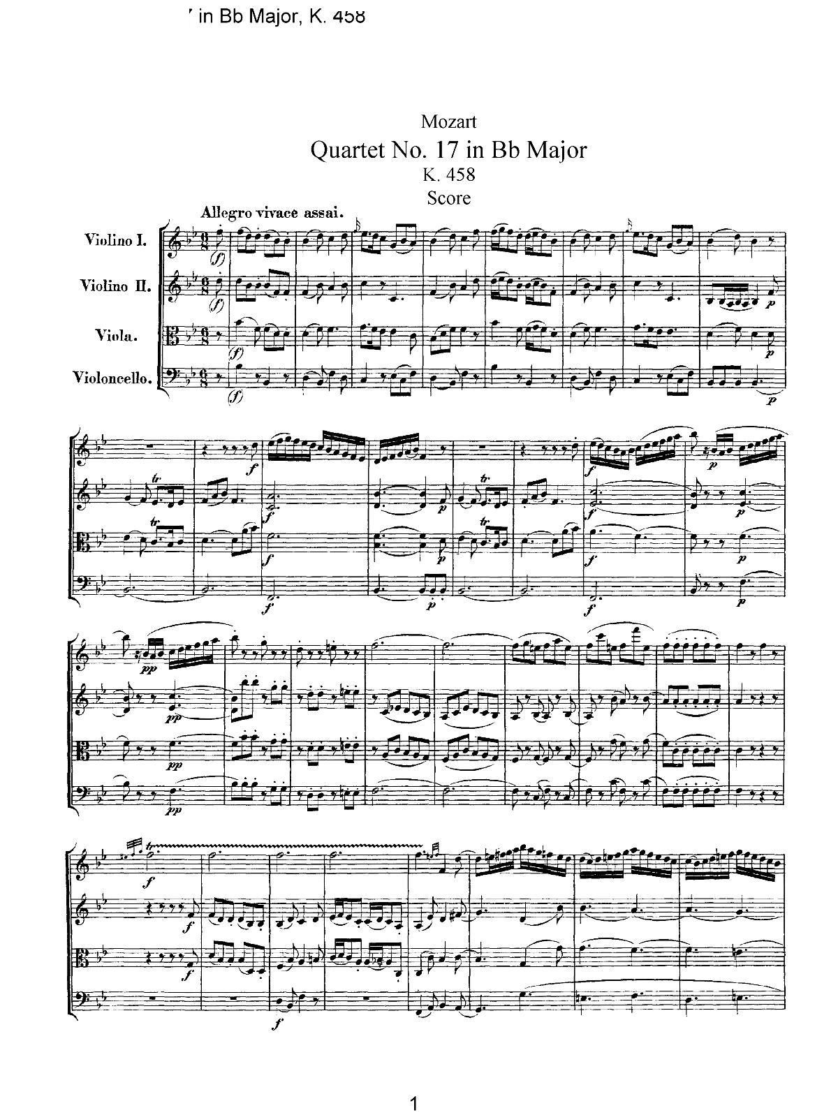 Mozart Quartet No 17 in Bb Major K 458(V)1