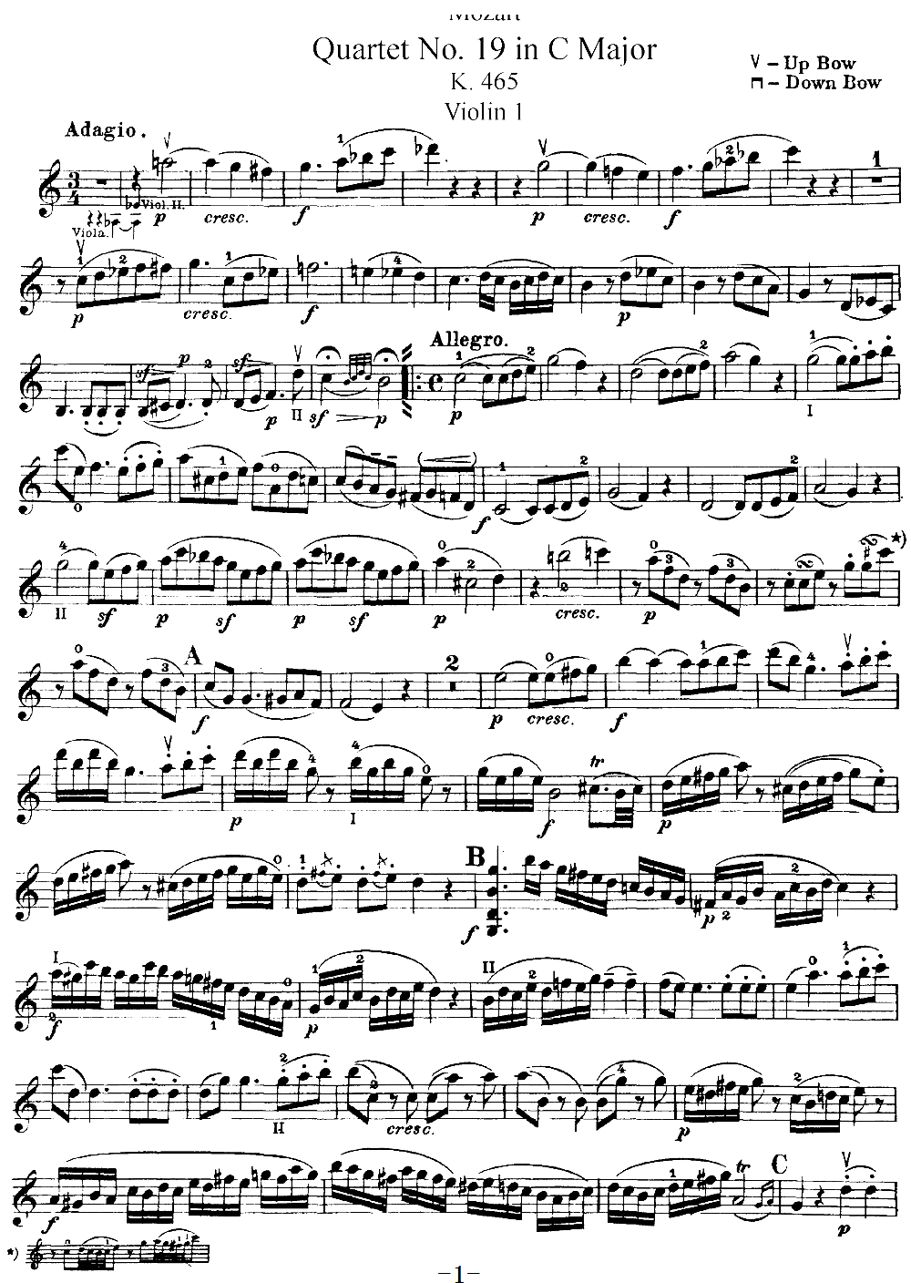 Mozart Quartet No 19 in C Major K 465 Violin 1(ʮּ)1
