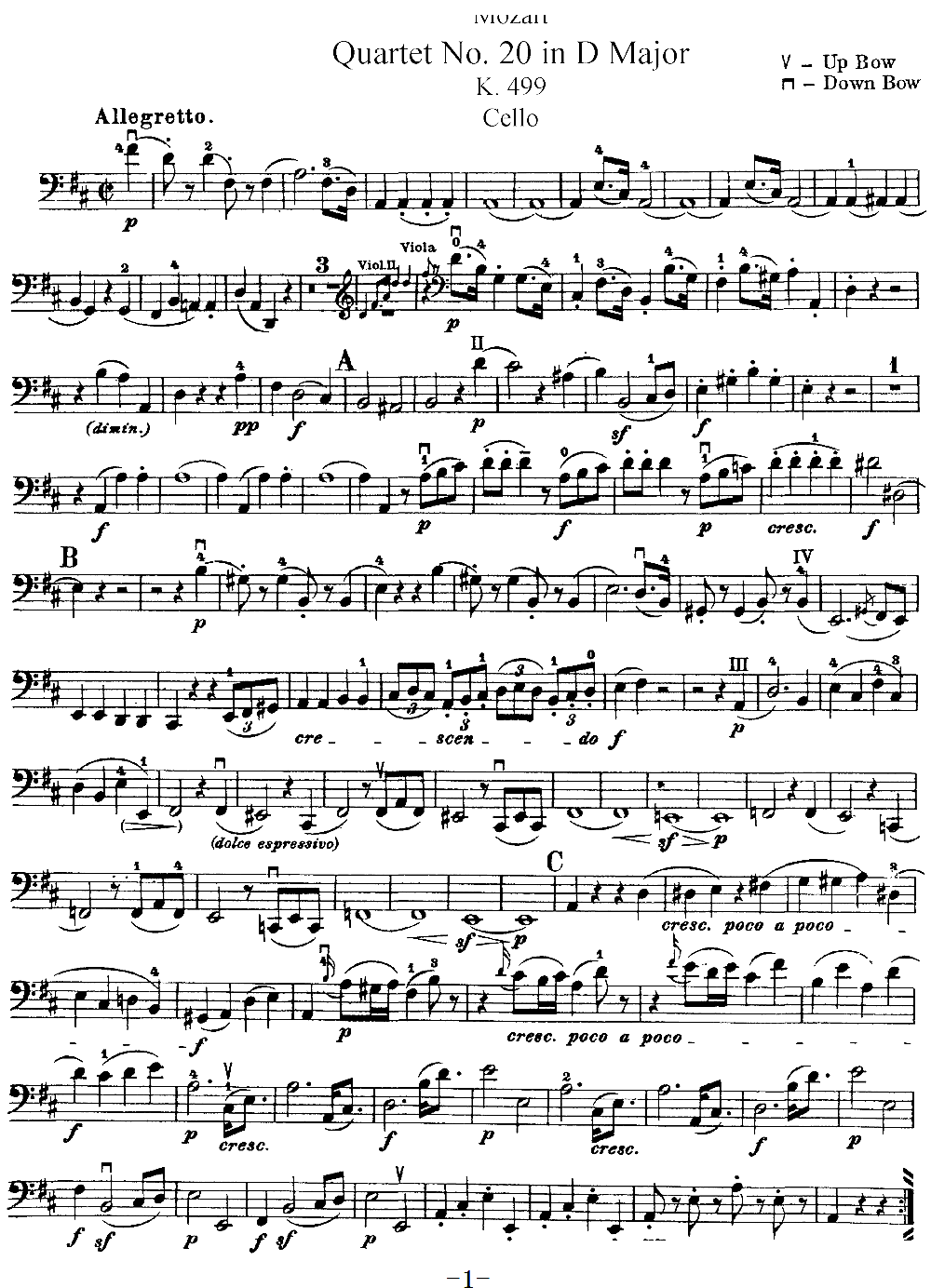 Mozart Quartet No 20 in D Major K 499 Cello(ʮּ)1