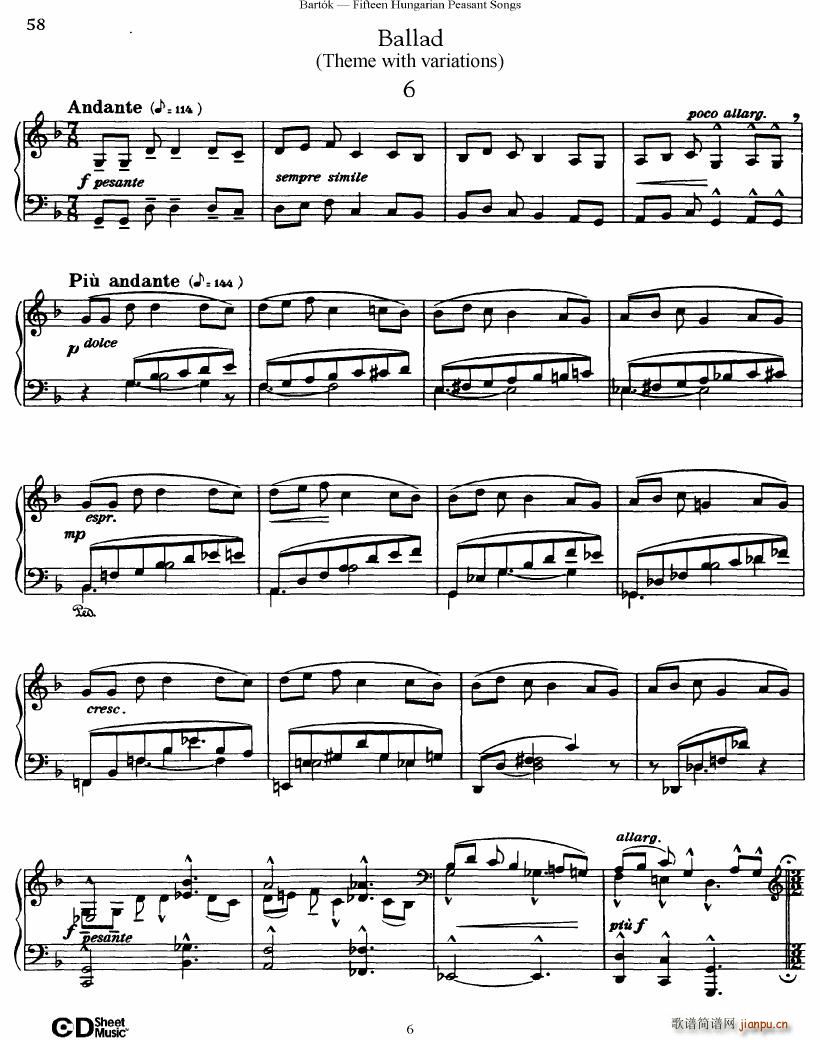 Bartok SZ 71 Fifteen Hungarian Peasant Songs Piano(V)6