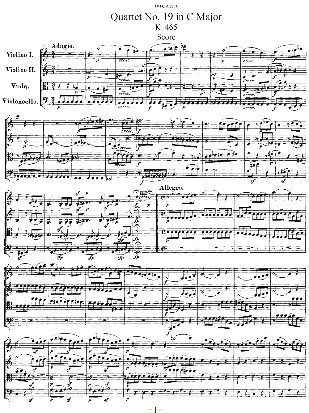 Mozart Quartet No 19 in C Major K 465(V)1