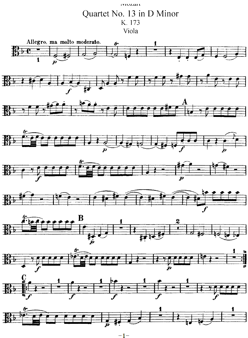 Mozart Quartet No 13 in D Minor K 173 Viola(ʮּ)1