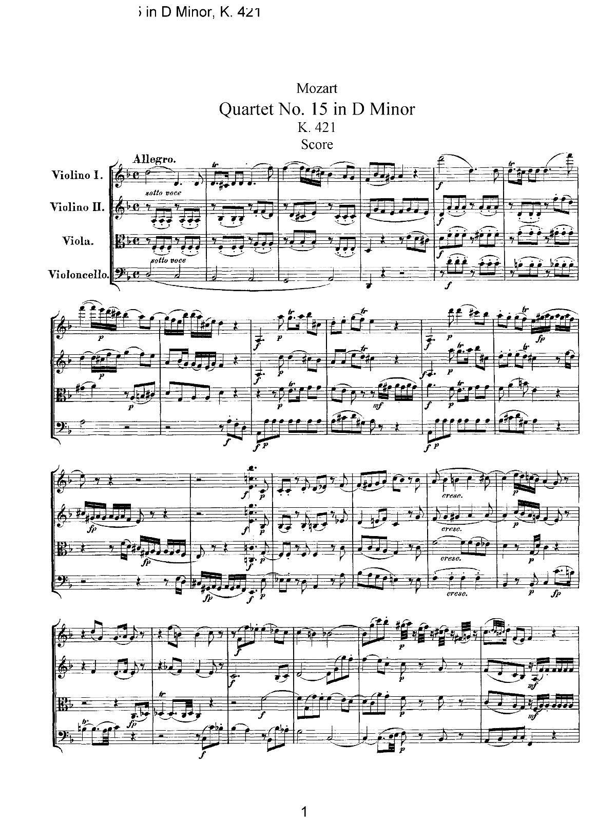 Mozart Quartet No 15 in D Minor K 421(V)1
