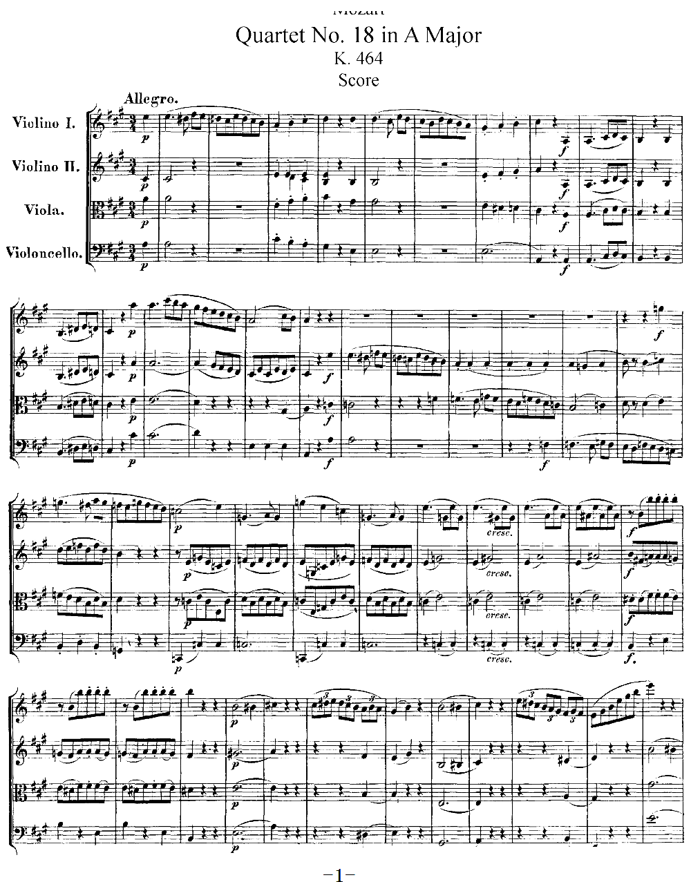 Mozart Quartet No 18 in A Major K 464(V)1