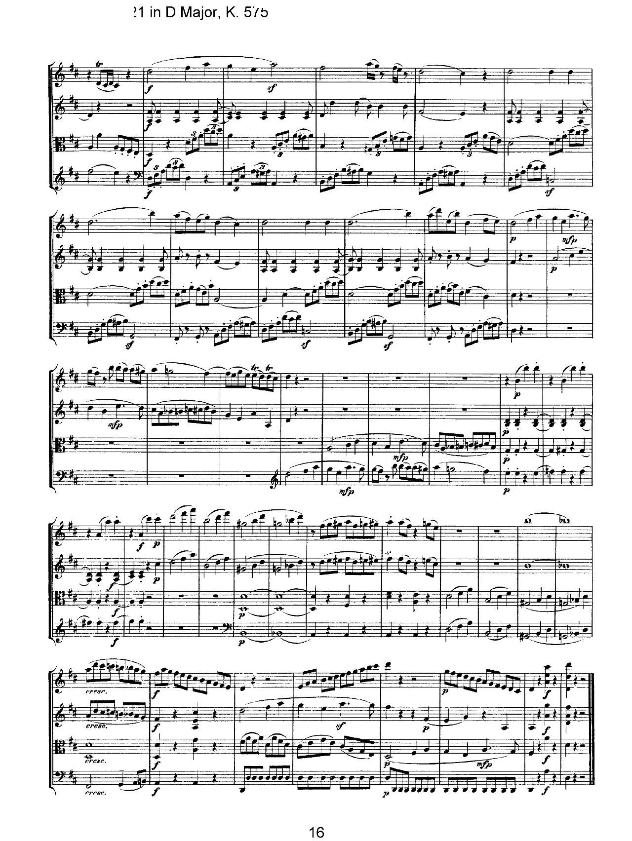 Mozart Quartet No 21 in D Major K 575(V)16