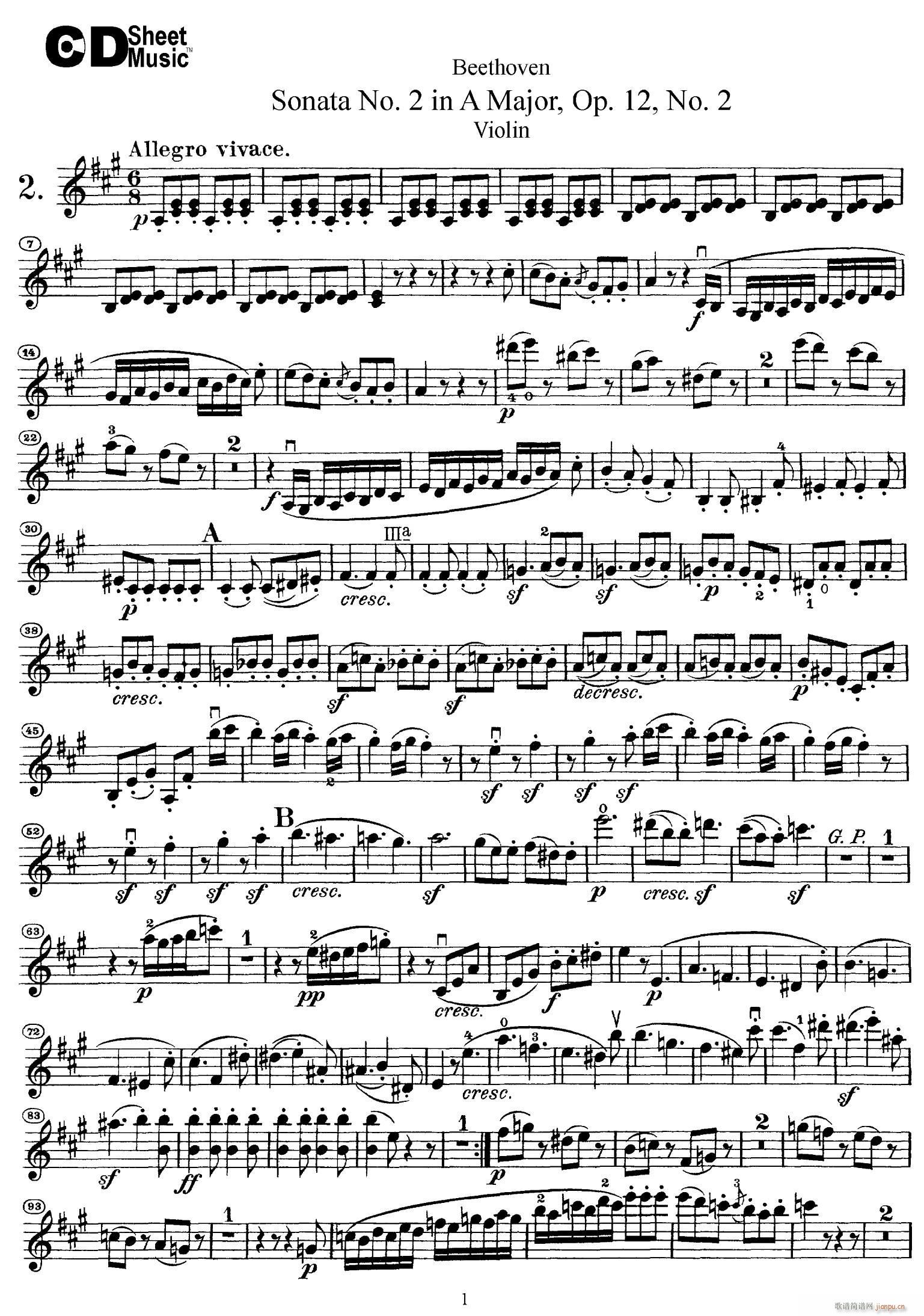 A{ڶСQ Sonata No 2 in A Major Op 12 No 2(СV)1