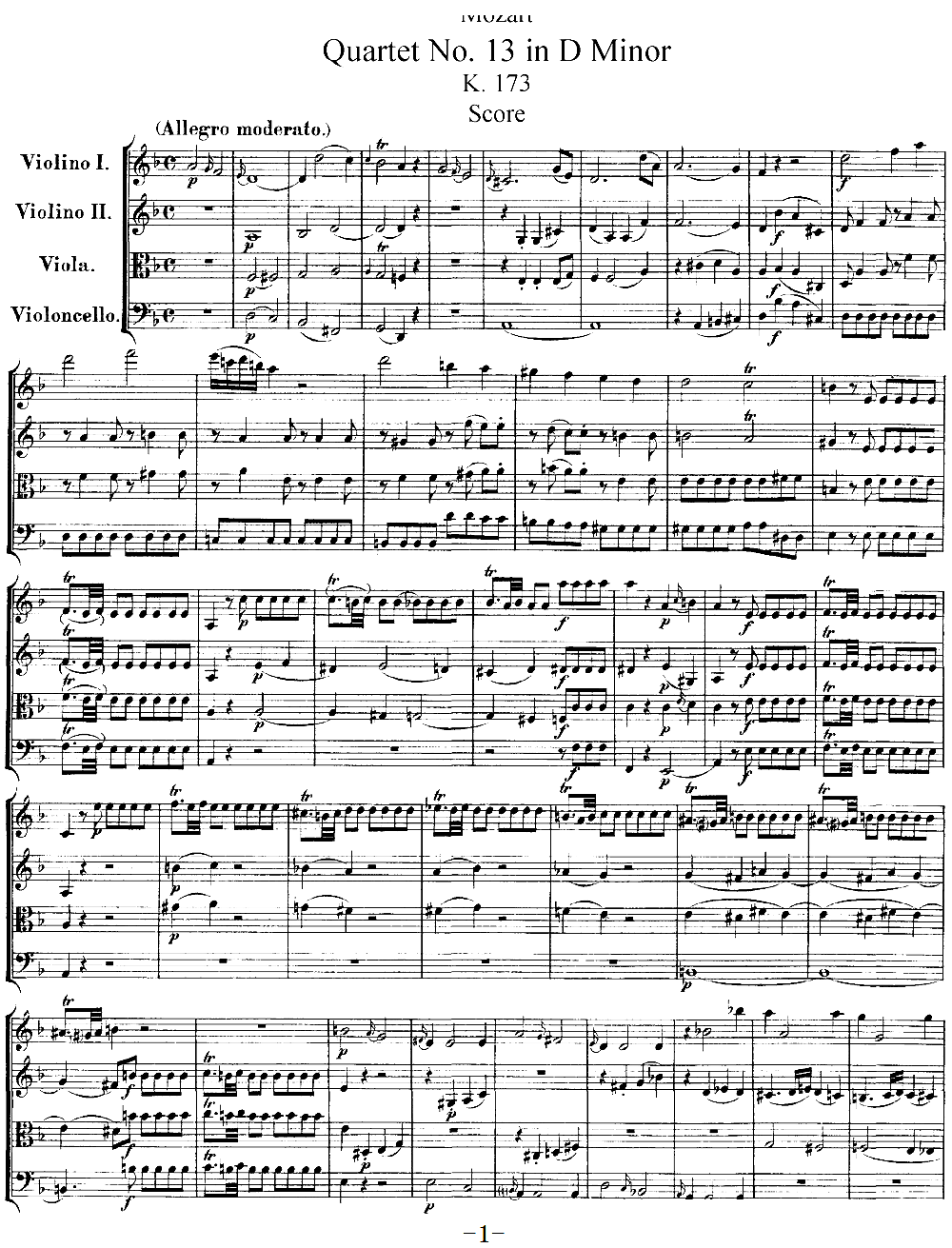 Mozart Quartet No 13 in D Minor K 173(V)1