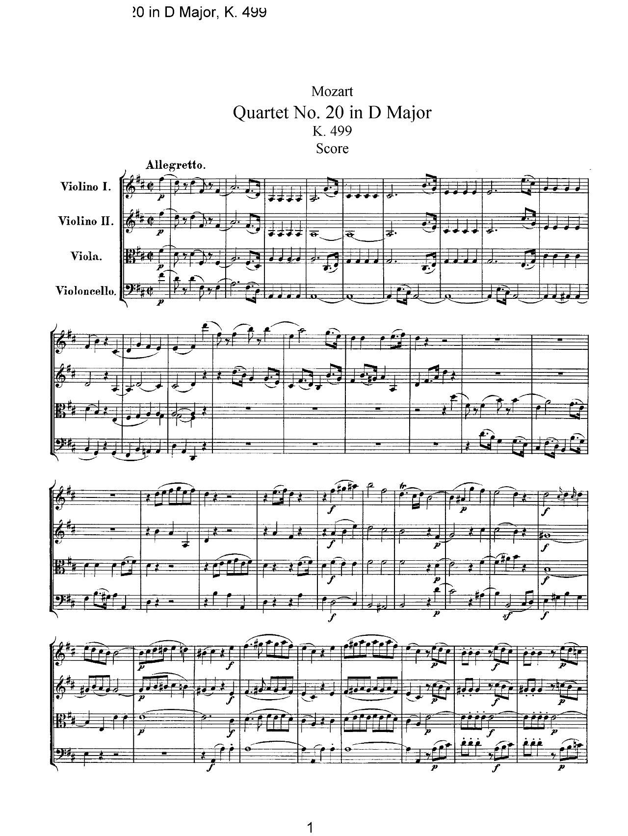 Mozart Quartet No 20 in D Major K 499(V)1
